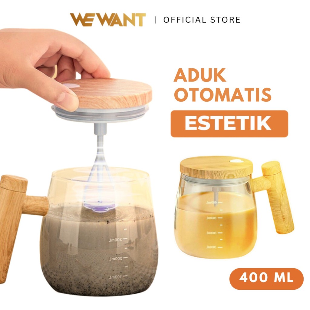 WEWANT Gelas Aduk Otomatis USB Cas 400ml Minimalis Kaca Tahan Panas Kopi Susu Teh Self Stirring Mug