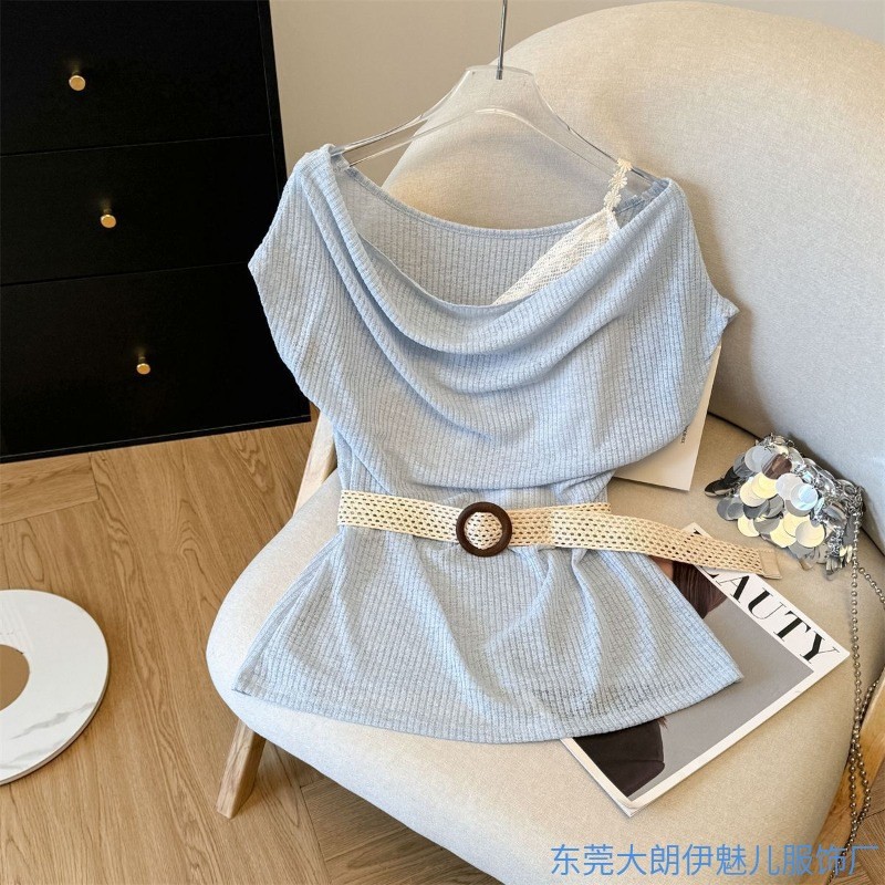 Kerah bergoyang, stitching palsu, dua potong T-shirt, ikat pinggang, pinggang, blus lembut.