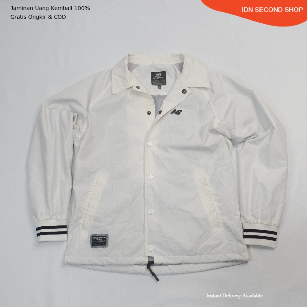 NEW BALANCE Full Snap Coach Jacket - White/Navy Stripes - Preloved