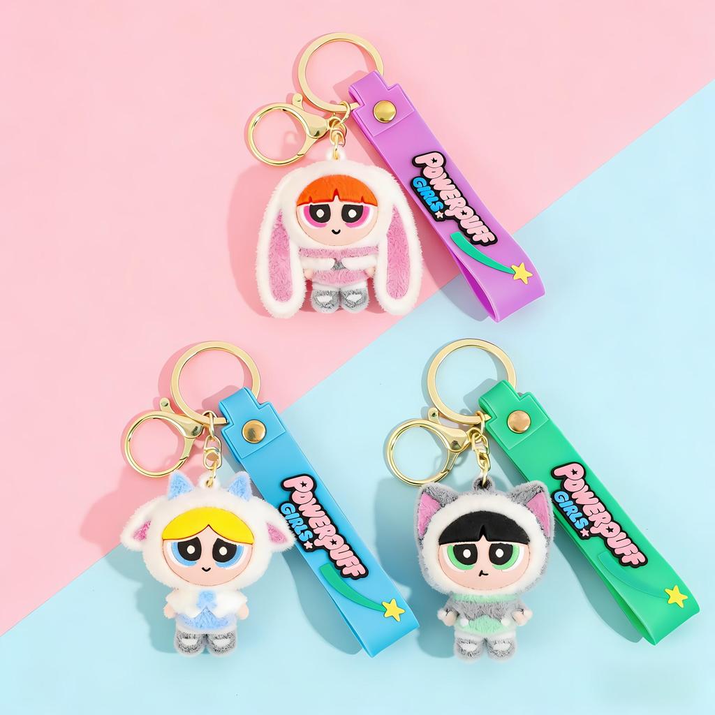 Gantungan Kunci Powerpuff Girls Berbulu Lucu - Hiasan Tas & Kunci Karakter Animasi Imut
