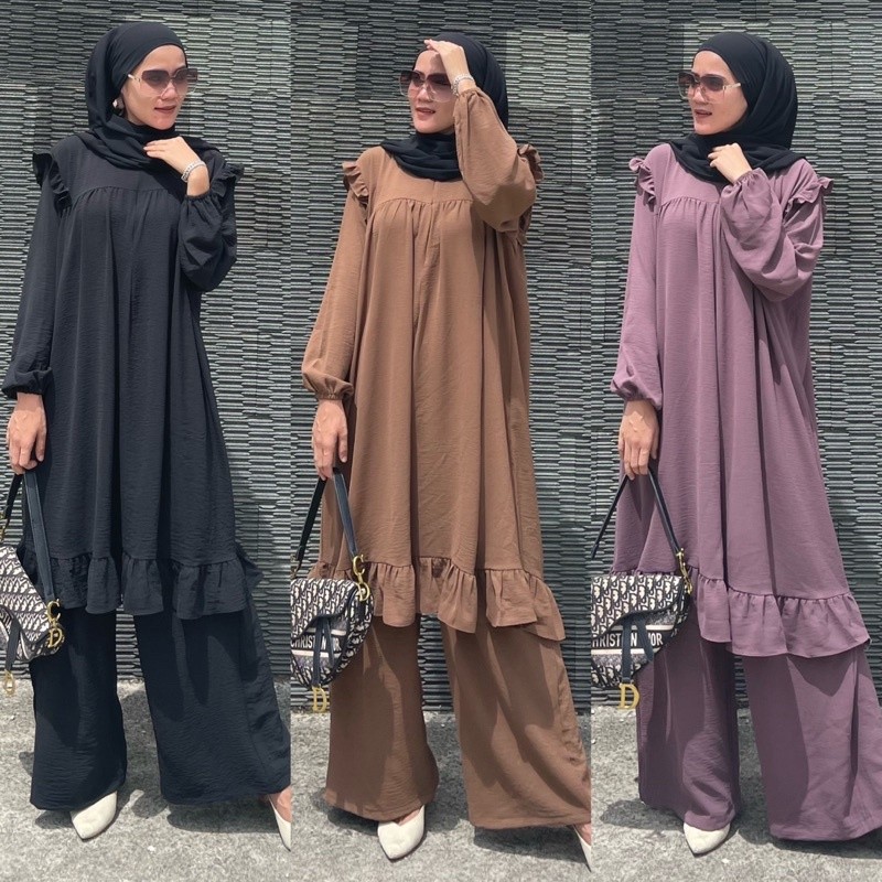 POPULER SET TUNIK VELISA JUMBO POLOS CRINKEL AIRFLOW PREMIUM/ONE SET LONG TUNIK JUMBO
