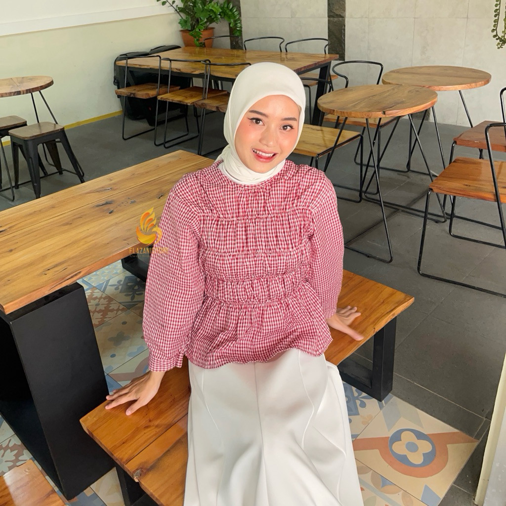 DISKON  Zani - Cheries Blouse Dada Kerut Motif Kotak - Atasan Wanita Cantik Casual