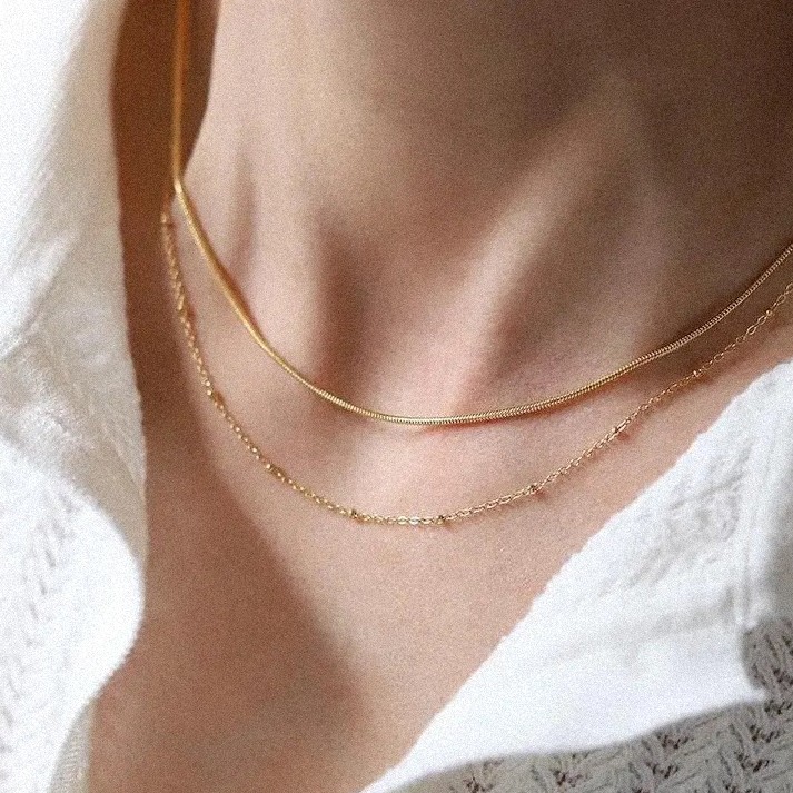 Herringbone Beaded Link Chain Necklace Set — Stainless Steel Kalung Anti Karat