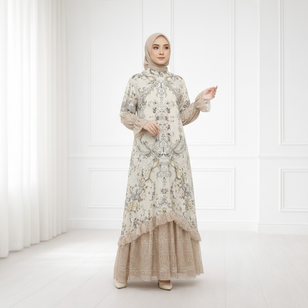 Zafira Dress Gamis Wanita Elegant | Gamis Brokat Kombinasi Ceruty | Gamis Pesta Muslimah Lengan Panj