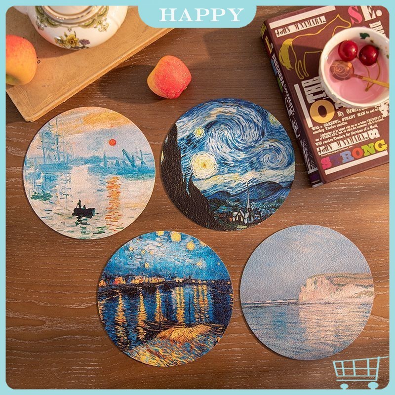 Ready Keset Meja Anti Panas Motif Bunga Matahari Van Gogh - Alas Gelas Bulat Anti Slip Tahan Air