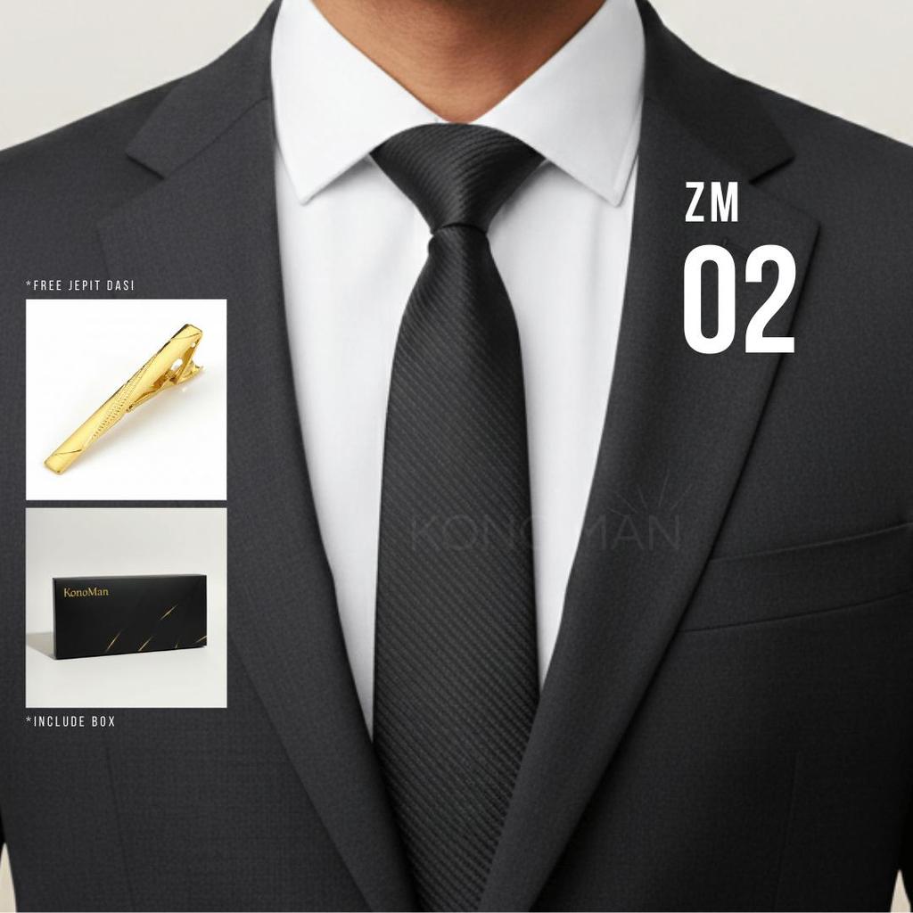 KM - Dasi Unisex Instant Zipper Premium Motif Salur Kasar Hitam Bonus Jepit Dasi
