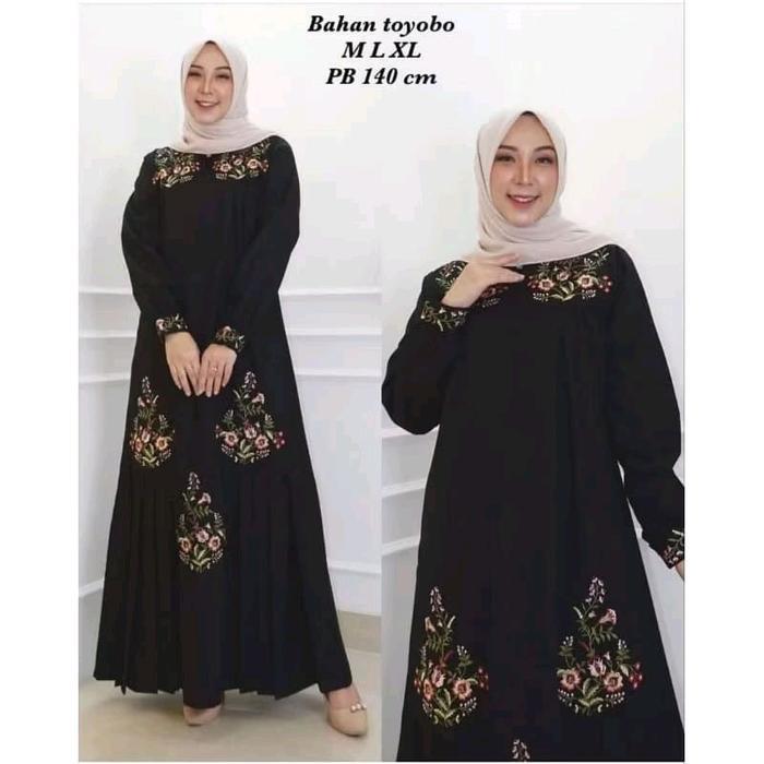 Gamis Bordir Bunga Toyobo Premium Busui Friendly Wudhu Friendly - Radiafashion - Pesta, Katun, Maxi,