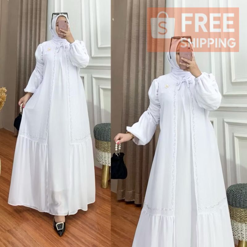 Reyna Set Gamis Mewah HIjab Wanita Jumbo Size M/L L XL XXL Bahan Ceruty Babydoll kombinasi Swaroski 