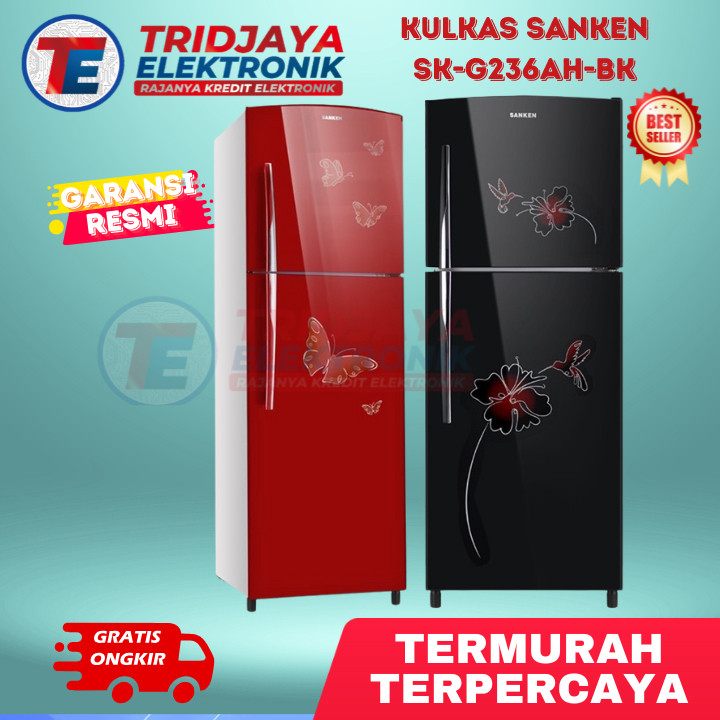 Kulkas Sanken 2 pintu SK-G236AH-BK lemari es motif bunga hitam merah termurah garansi resmi