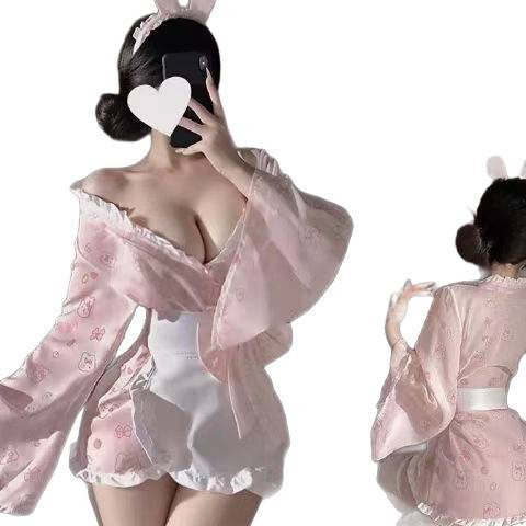 Seragam lingerie dengan motif kelinci lucu, jubah bergaya Jepang, gaun tidur dengan pita.