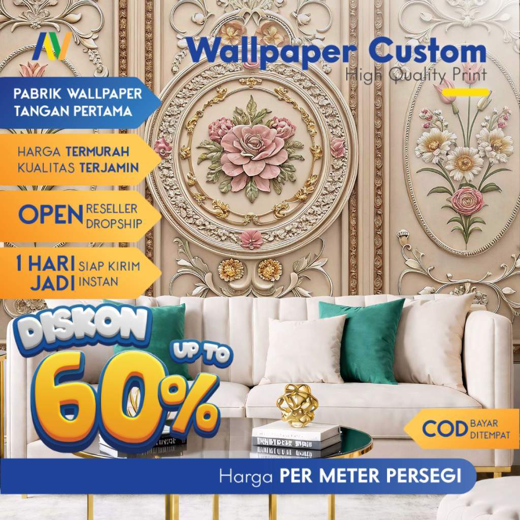 Wallpaper Dinding Custom 3D | Motif Moulding Modern & Gordyn Mewah
