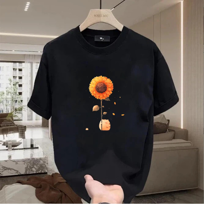 Kaos Pria Wanita Katun 220g Motif Kucing Vas Bunga Bersama Bunga Matahari | Kaos Oversize Kasual