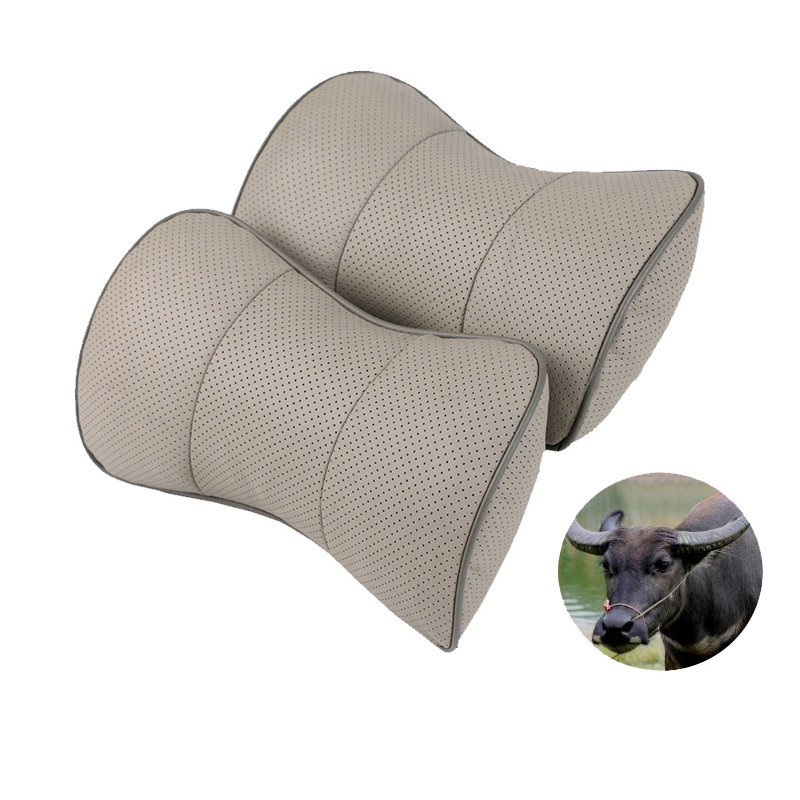 2Pc Genuine Leather Car Pillow Breathable Auto Headrest Neck Pillow Universal Car Neck Headrest Soft