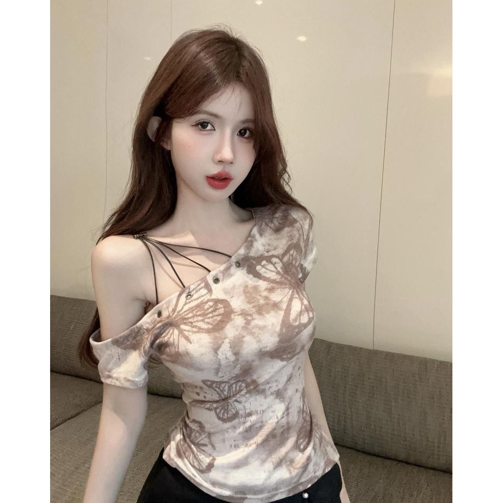 T-shirt American tie-dye slanted shoulder short-sleeved women's summer sweet one-word shoulder off-t