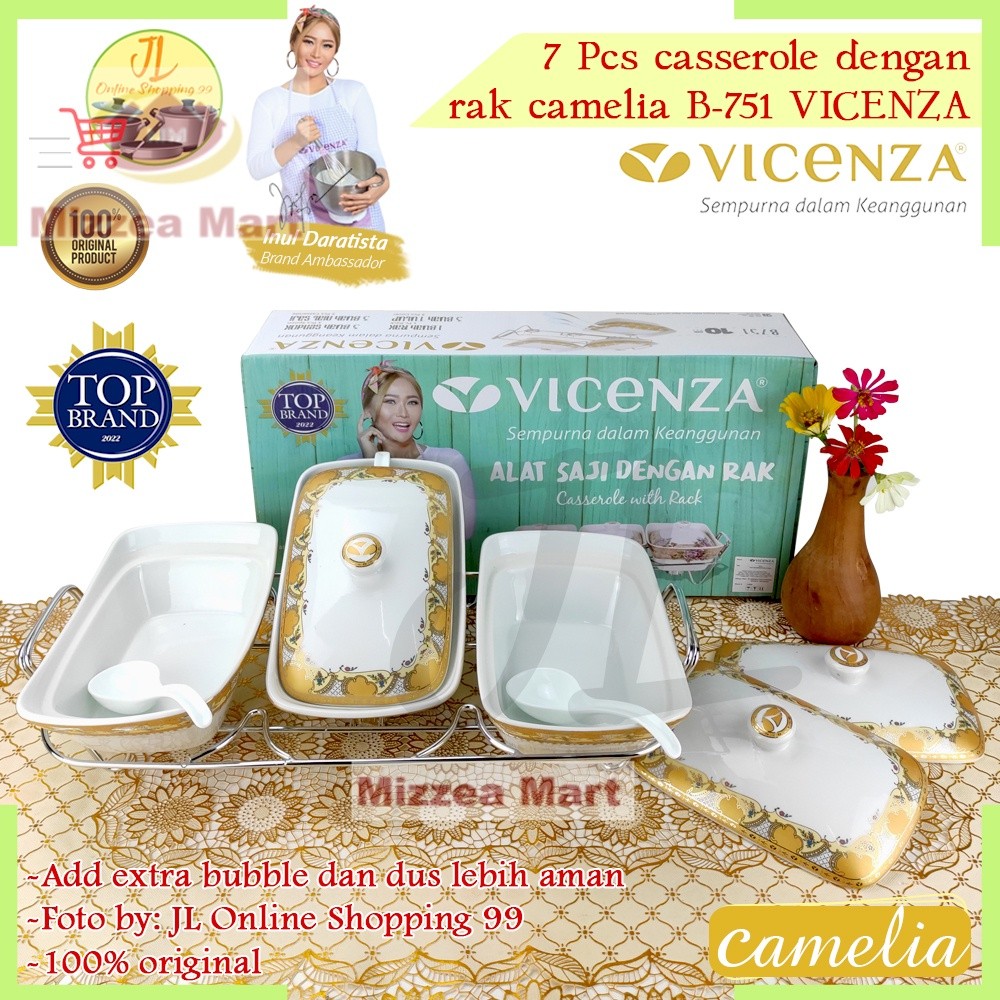 MizzeaMart VICENZA wadah saji set isi 3 motif Camelia + rak B-751 / pemanas makanan / casserole food