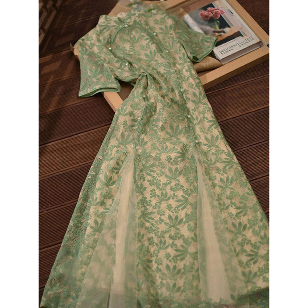 Gaun Ao Dai Renda Elegan Ungu Mewah untuk Pemakaian Sehari-hari Gaya Gadis Muda Cheongsam yang Ditin