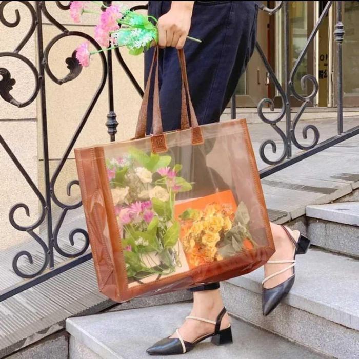 [ARTEMIS] Tas Mika Transparan Bening / Tote Bag Hampers Goodie Gift Bag Besar Plastik Pink Hitam - G