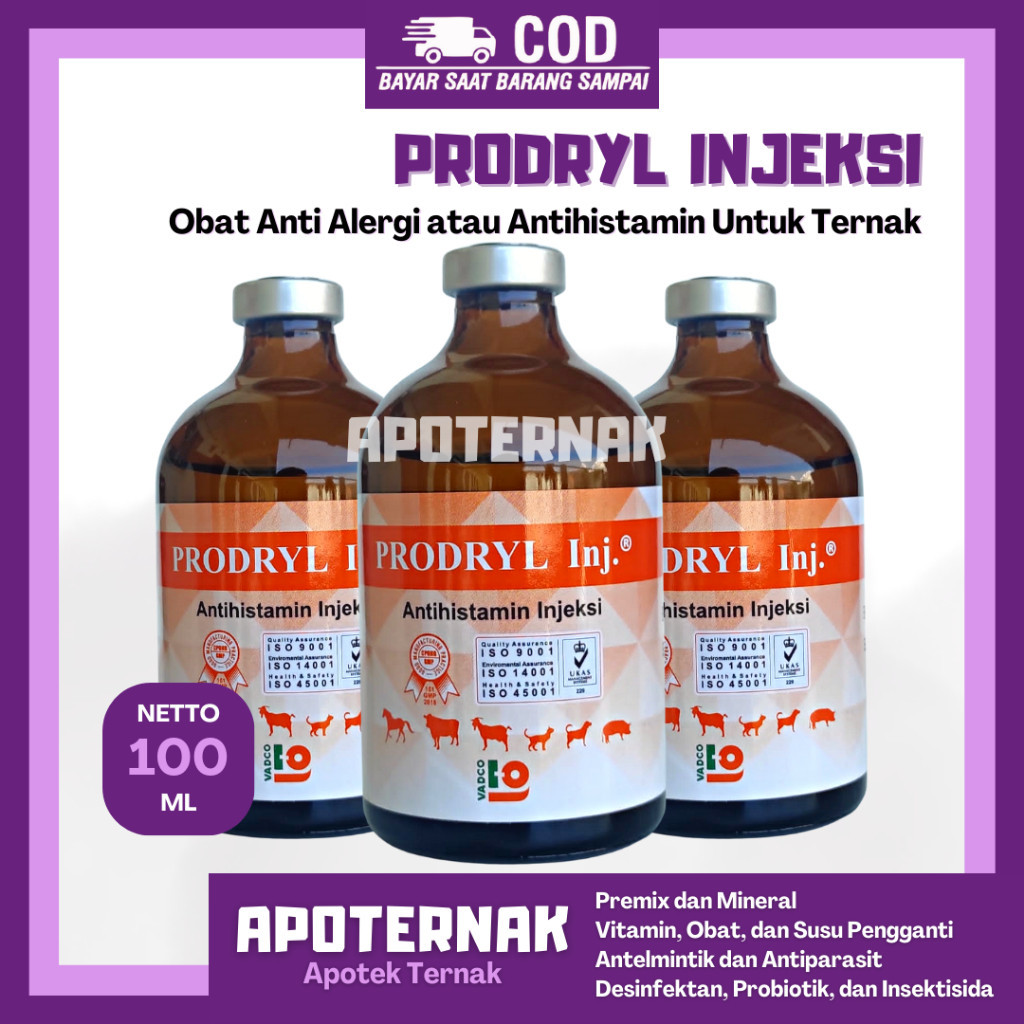 PRODRYL Injeksi 100ml - Obat Gatal Kambing Sapi Kelinci Kucing Anjing Antihistamin Obat Alergi Hewan