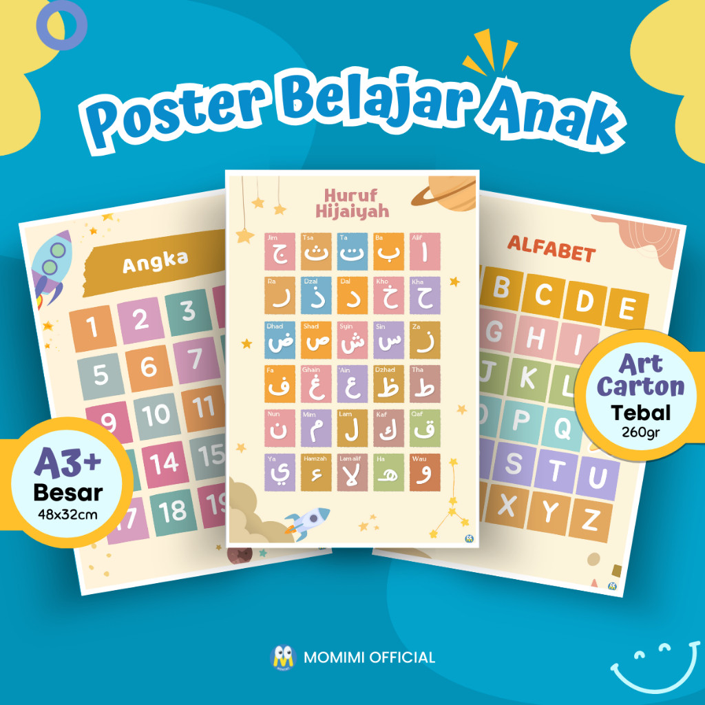 Poster Edukasi Anak Estetik Belajar Angka Huruf Alfabet Hijaiyah Ukuran Besar dan Tebal Colorful