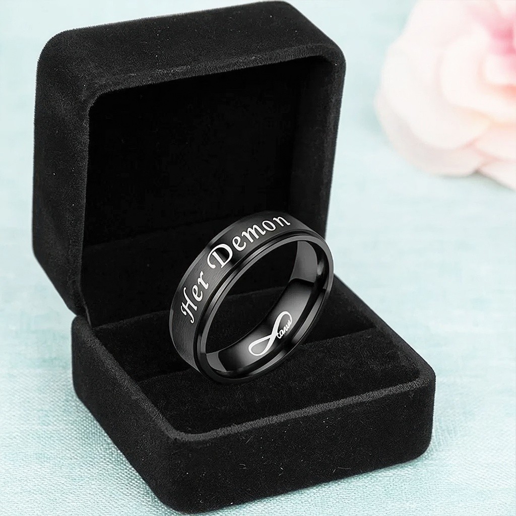Cincin Pasangan Unik Black Ring Stainless Steel Ukiran Her Demon Couple Kekinian CN-3061