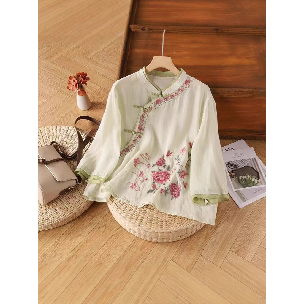 Vintage Chinese Style Embroidered Cotton Linen Shirt for Women Summer Elegant New Chinese Zen Tea Dr