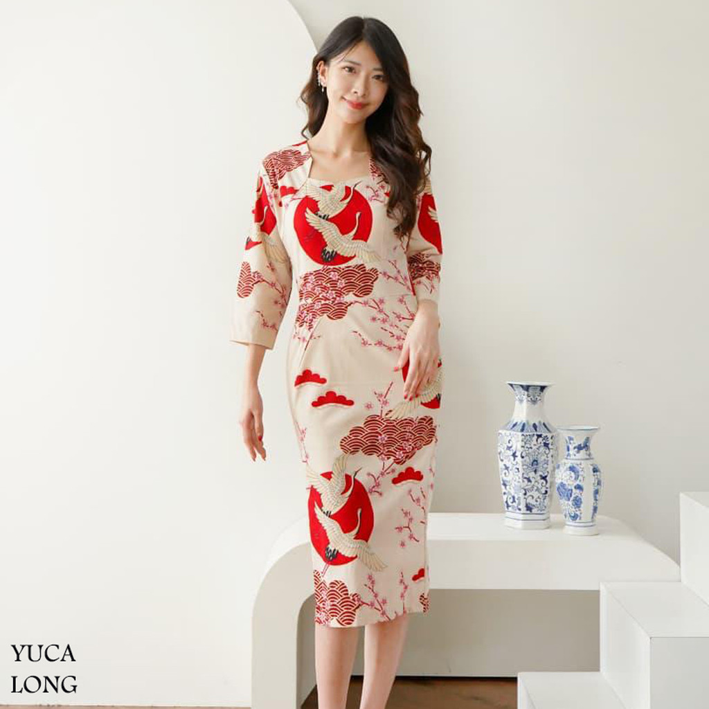 Evercloth Yuca Dress Wanita Batik Lengan Panjang Couple Modern Dress Batik Modern Gaun Pesta Dress B