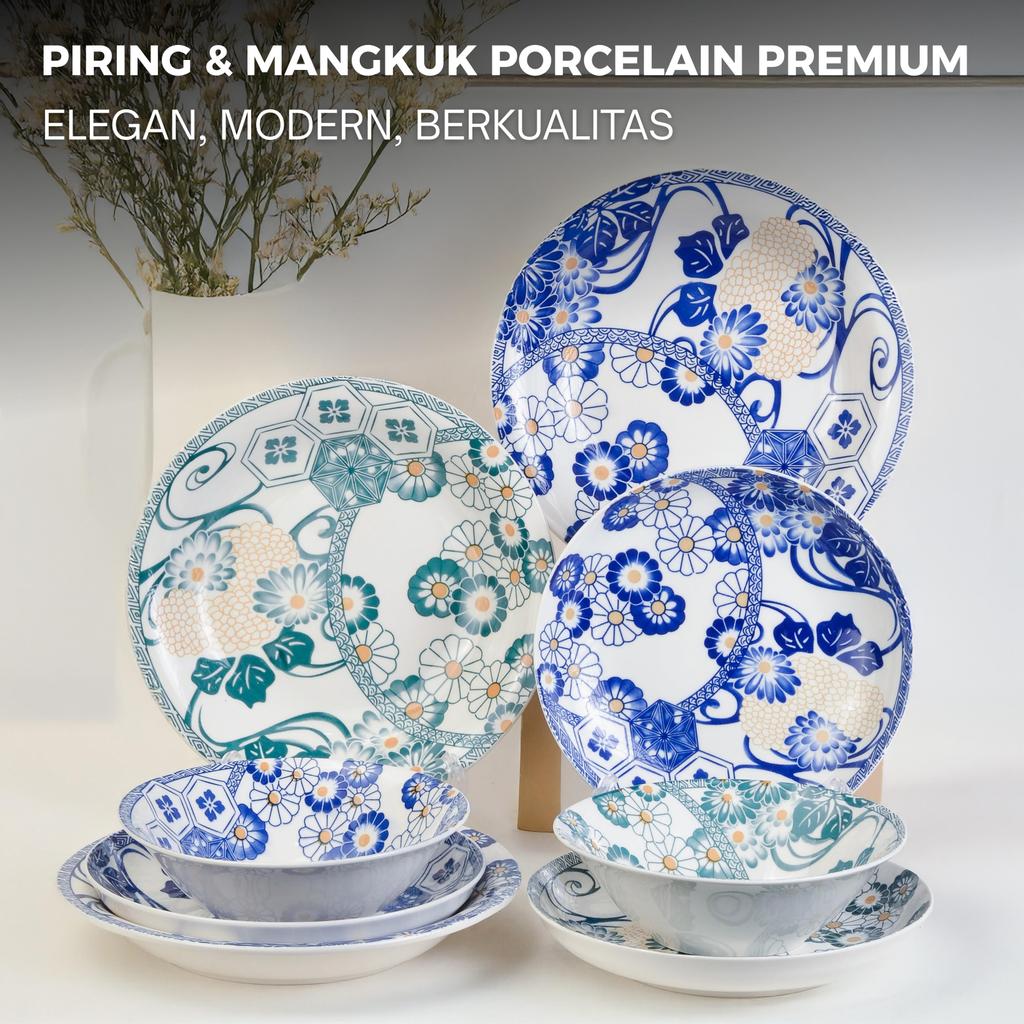 WINSTON Piring Makan Mangkuk Keramik Motif Japanese Hanamatsuri - Motif Tidak Pudar SNI Piring Makan