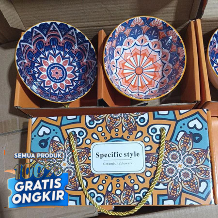 Mangkok Hampers / Mangkuk keramik ISI 2 PORSELAN MANGKOK MOTIF ELEGAN/ Hitam Kuning Oren Hijau Ungu