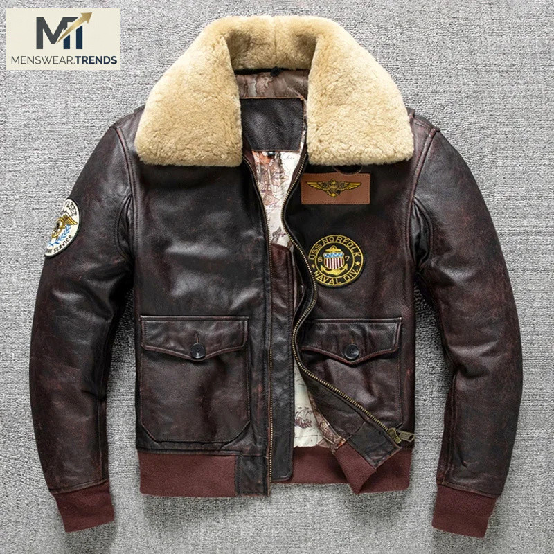 Jacket Air Force Flight  Fur Collar Genuine Top Layer Cow Leather  Men Brown Cowhide Men's Winter Mi
