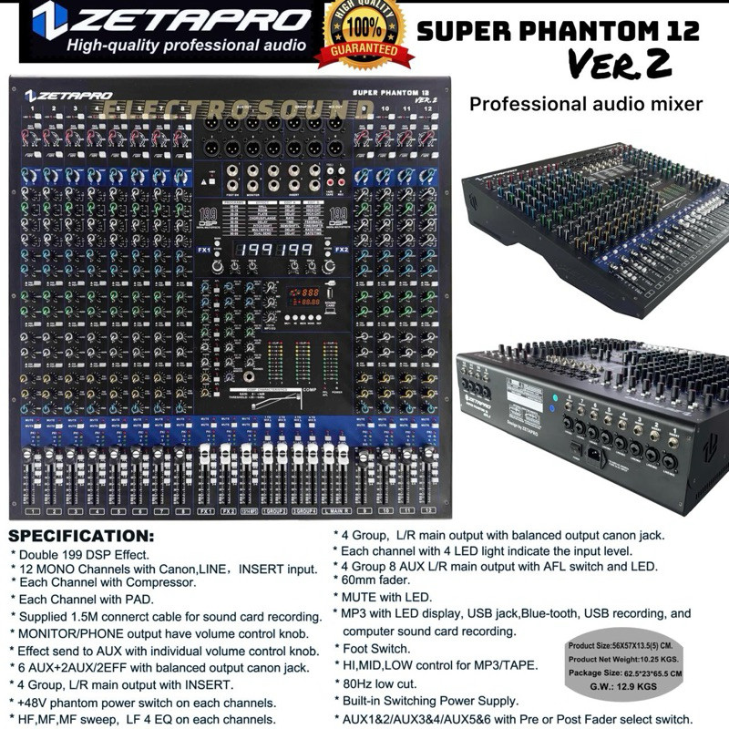 MIXER AUDIO ZETAPRO SUPER PHANTOM 12 VER 2, COMPRESSOR, DOUBLE EFFECT / Zetapro Original
