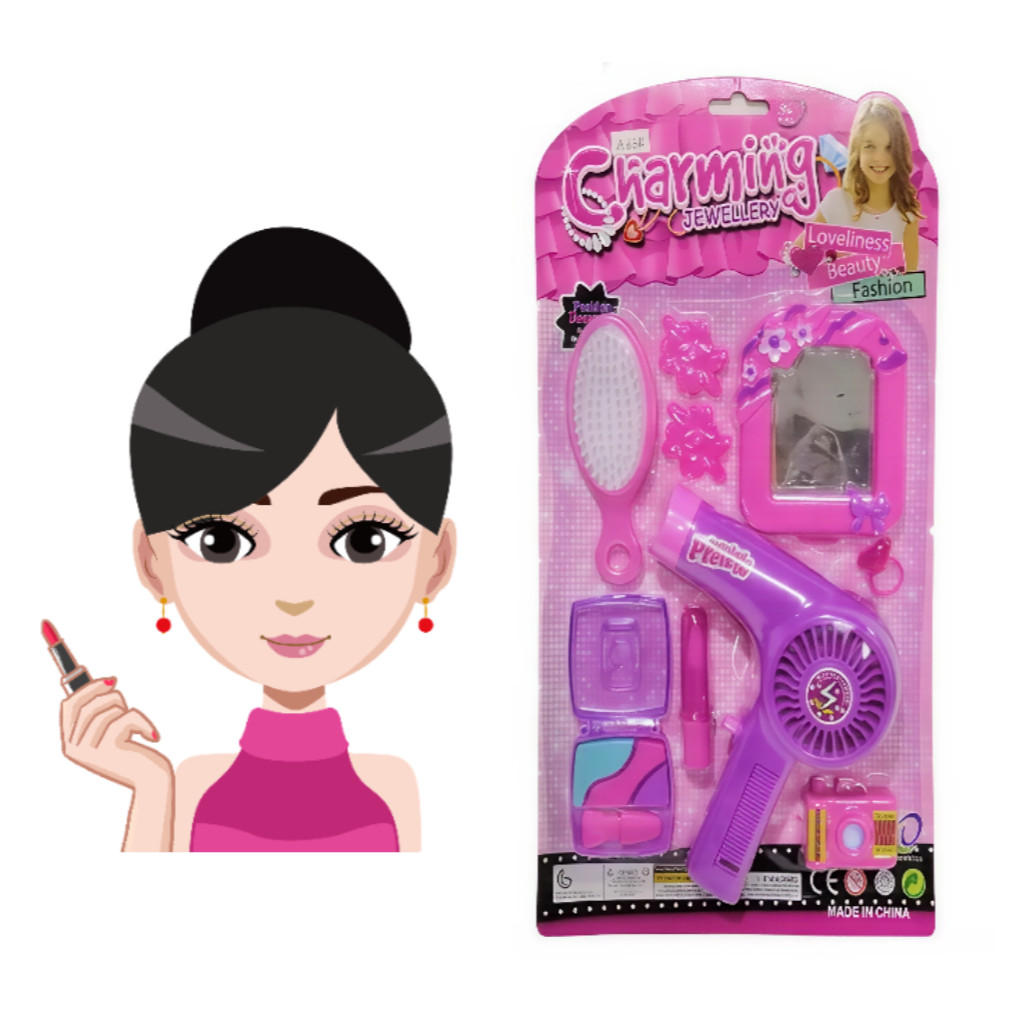 Mainan Salon Anak Perempuan Charming Jewellery A348 Hair Dryer Baterai Makeup Set Lengkap Sni