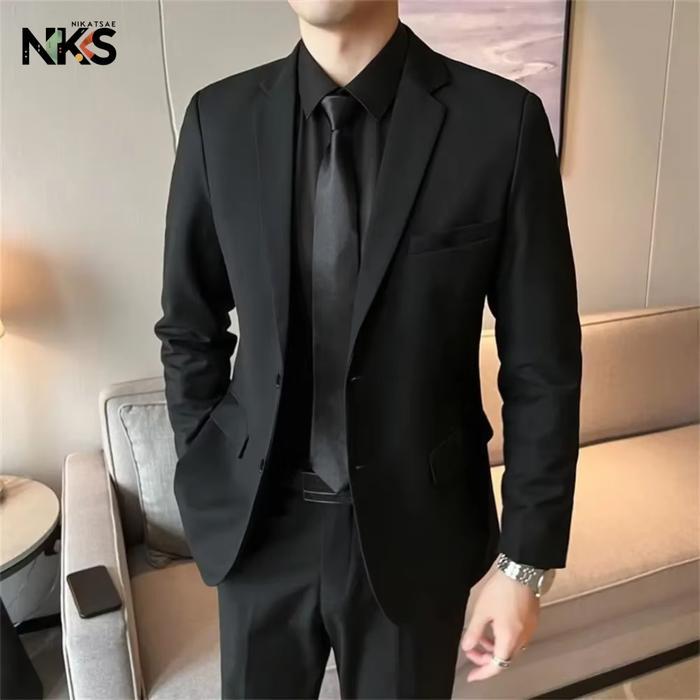 HOT PRODUK Jas Pria Formal Hitam Slimfit Polos Kancing 2 / Jas Wisuda / Blazer Pria / Jas Wedding / 