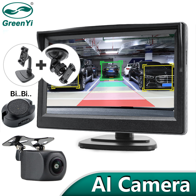 GreenYi Monitor Mobil AHD 5 Inci dan Peringatan Radar ADAS AI Intelligence Kamera Mundur Kendaraan u