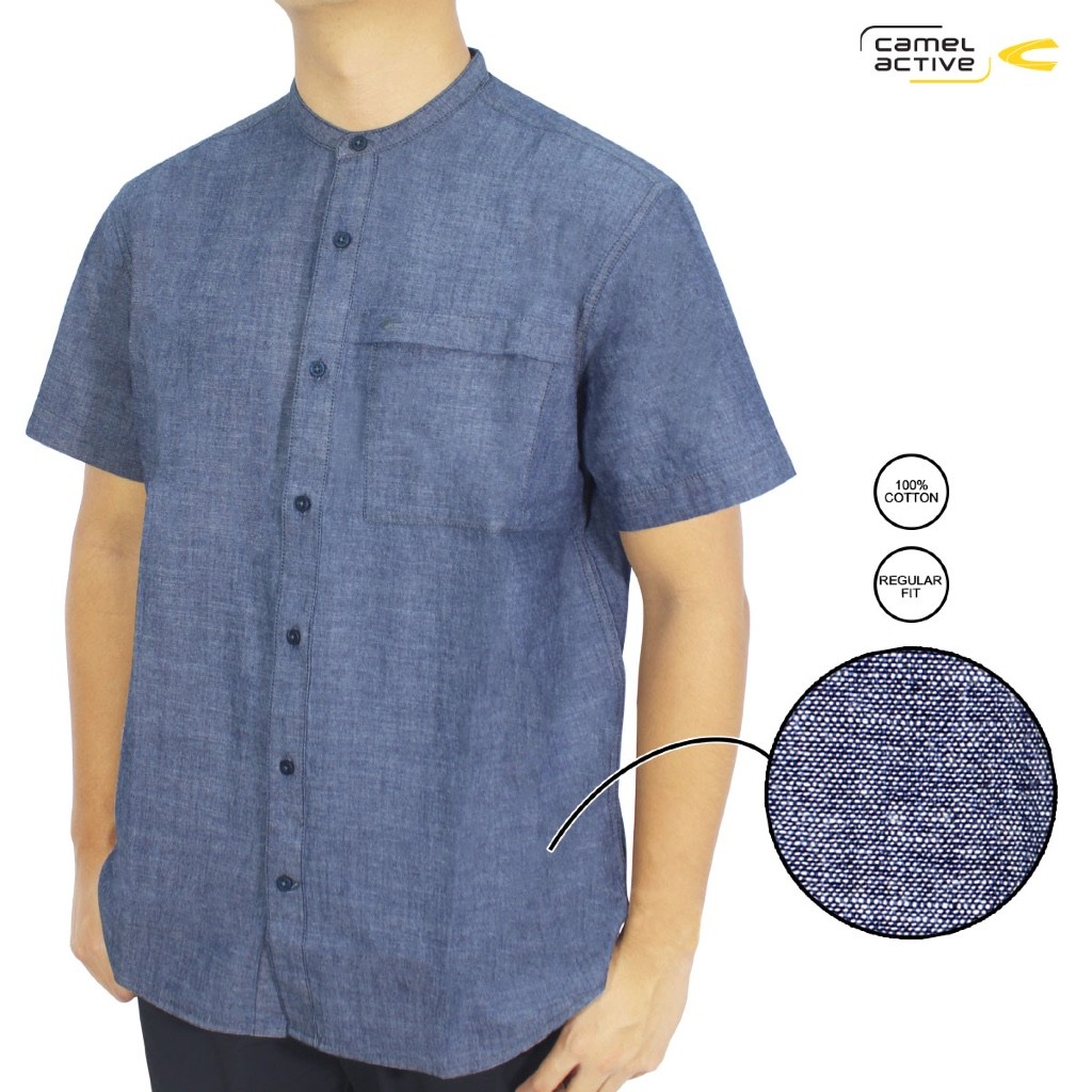 camel active Men's Denim Navy Chambray Henley Short Sleeve Shirt - Kemeja Koko