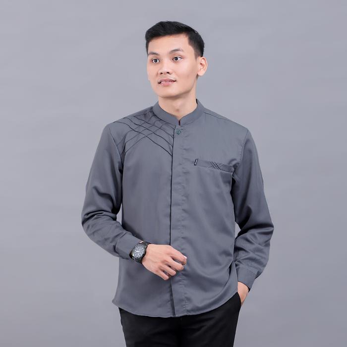 Baju Koko Elrumi Atasan Muslim Pria Dewasa Lengan Panjang Motif Marvel Polos Warna Sage Kombinasi Li