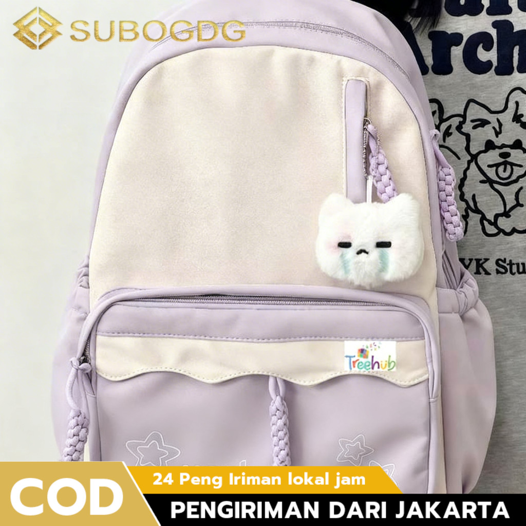 Tas Sekolah Wanita Bonus Charm Gratis - Tas Ransel Korean Style Warna Dopamine Pink Putih - Backpack