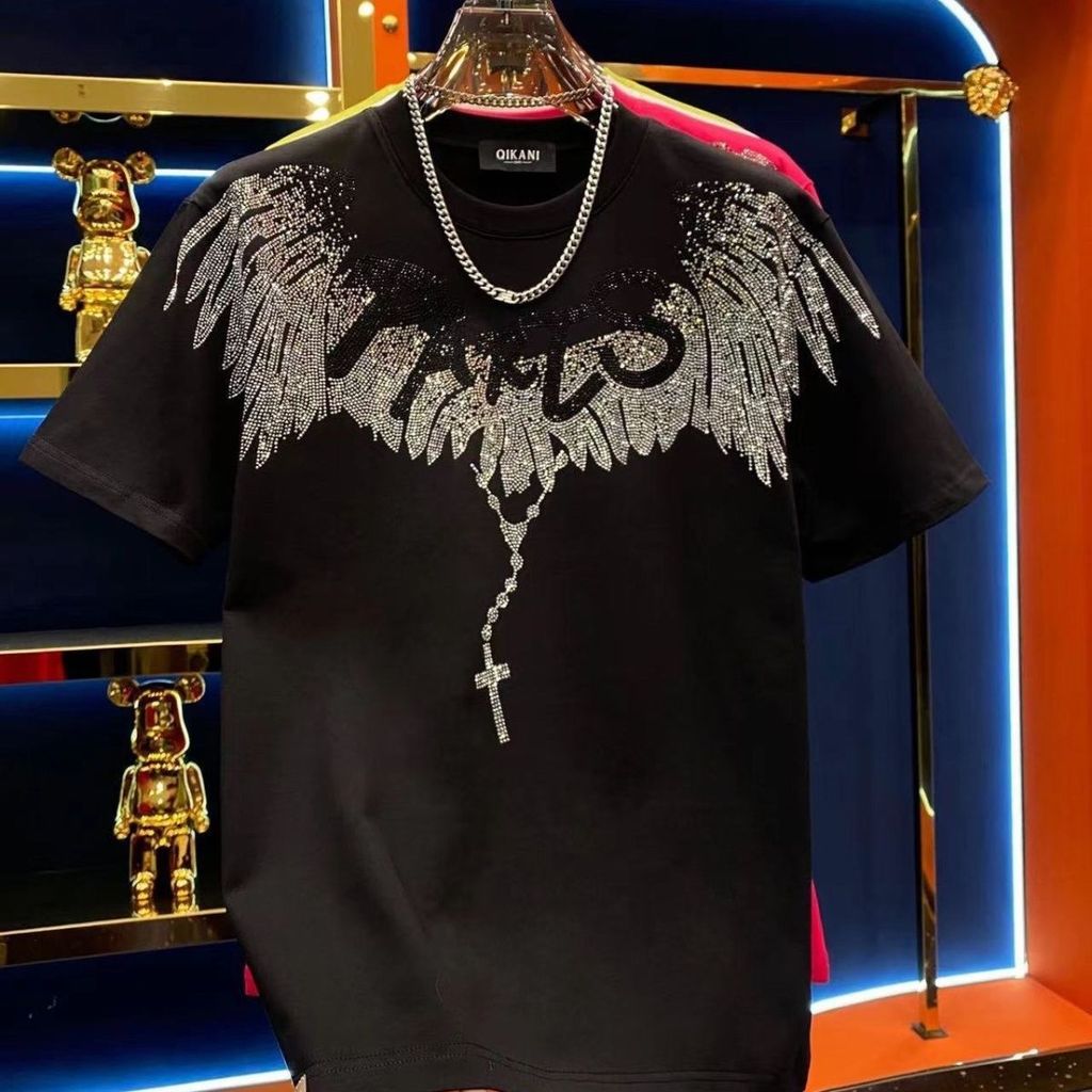 Kemeja pria lengan pendek baru dengan sayap dan hiasan batu permata yang dipersonalisasi, serbaguna 