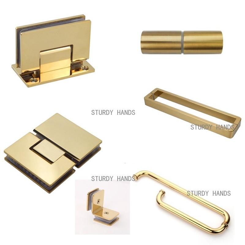 Gagang Pintu Kaca Kamar Mandi Stainless Steel Tipe Tebal Warna Emas, Engsel Pintu Kaca, Penjepit Pin