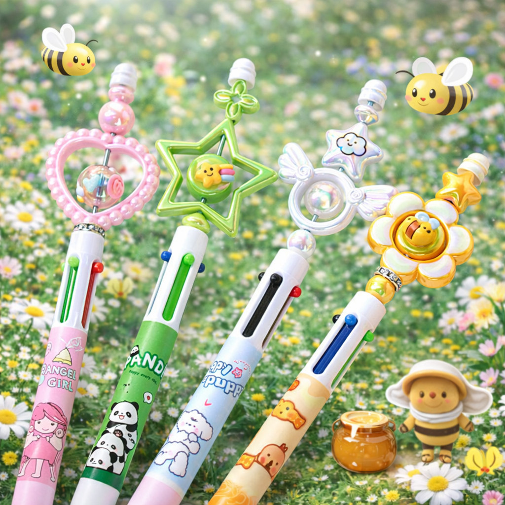 Pulpen Sekolah 4 Warna /Adorable 4 Color Pen dengan Karakter Lucu, Aesthetic Cute, Ideal untuk Sekol