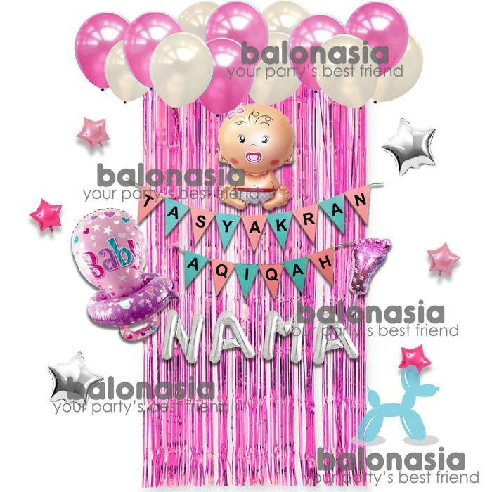 PROMO DECOR =Perlang82_Mall= Dekorasi paket Balon simple baby aqiqah backdrop tirai Biru Latex Pink 