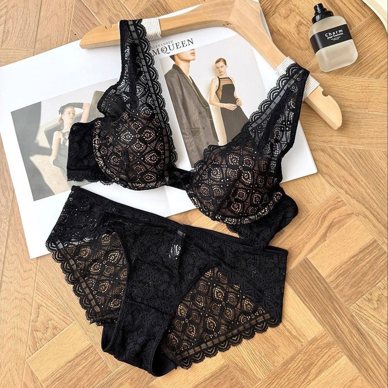 LadyAllure COD Set Bra & Celana Dalam Renda Hitam Sensual - Bra dengan Kawat Lunak untuk Pengencanga