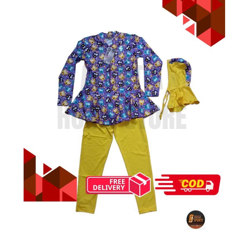 Baju Renang Muslim Anak Fitnes Kartun Gambar Lucu Import - M-KUCING KUNING