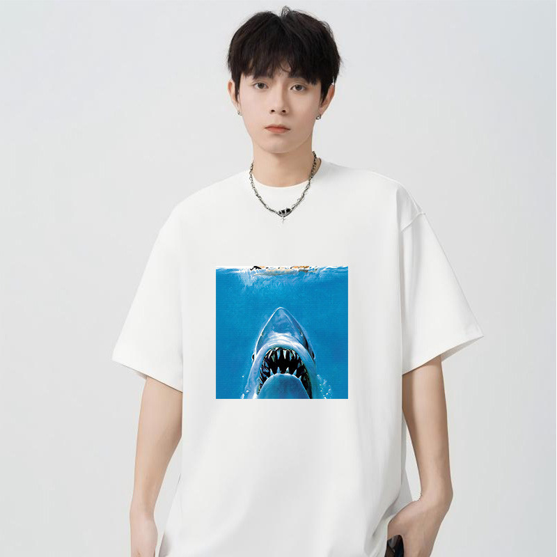 tshirt for men cotton black white Fearless Depths Shark's Underwater Ambush