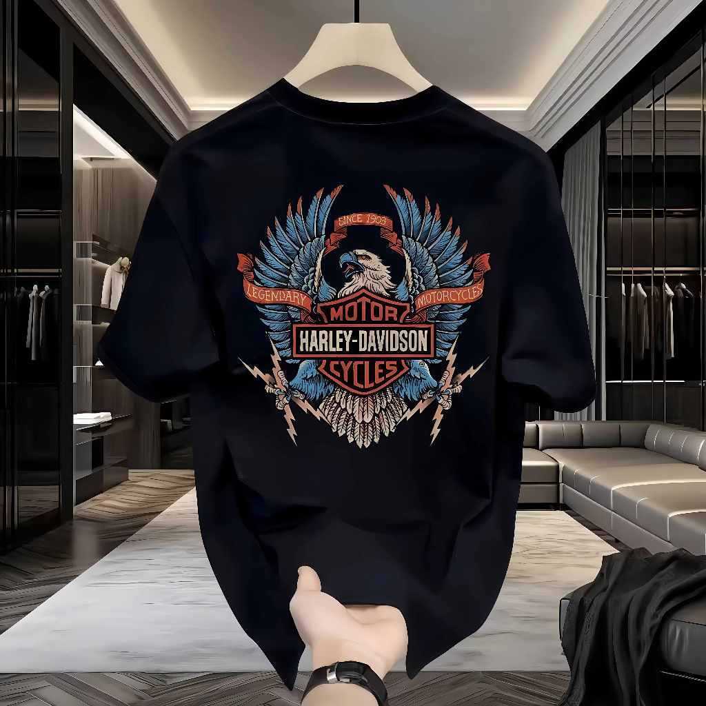 Seri Elang Harley - Kaos Trendy Cetak Motor Klasik (Varian Putih Krem dengan Logo Elang / Varian Hit