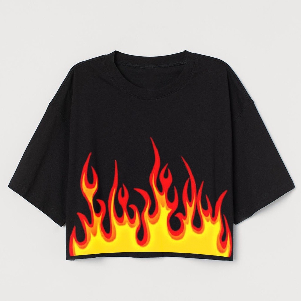 CROP TEE MOTIF API | KAOS BAJU CROP TOP FIRE KOREA STREETWEAR OVERSIZE HITAM WANITA | CROPTEE WOMAN
