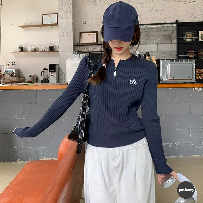 PAT_Ritsleting Setengah Pullover Pakaian Rajut Wanita Pas Badan Atasan Selera Desain Kemeja Bawahan 