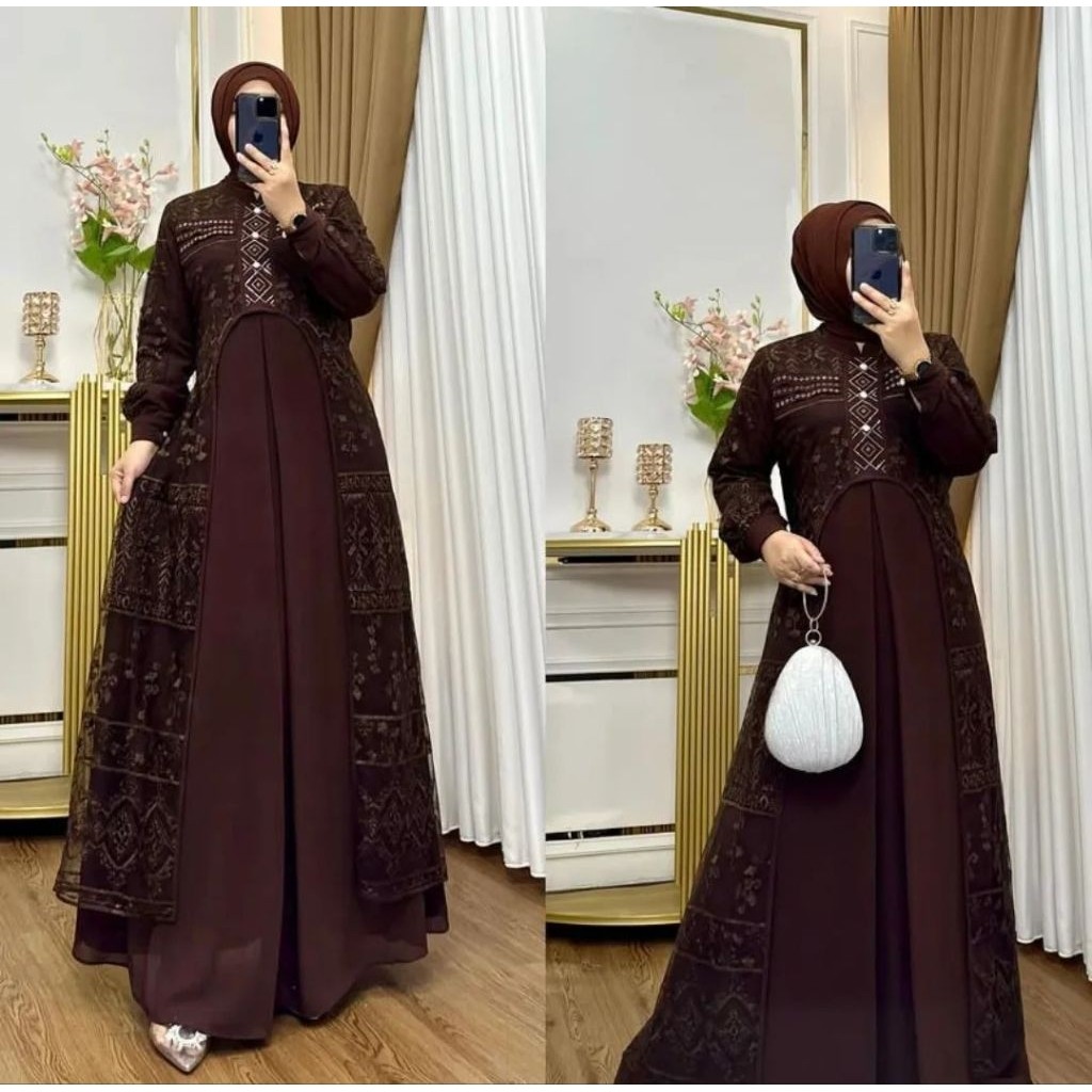 Ardela Maxy Baju Lebaran 2026 Tampil Anggun  Bahan Ceruty Babydoll Mix Brukat & Swarovski Premium
