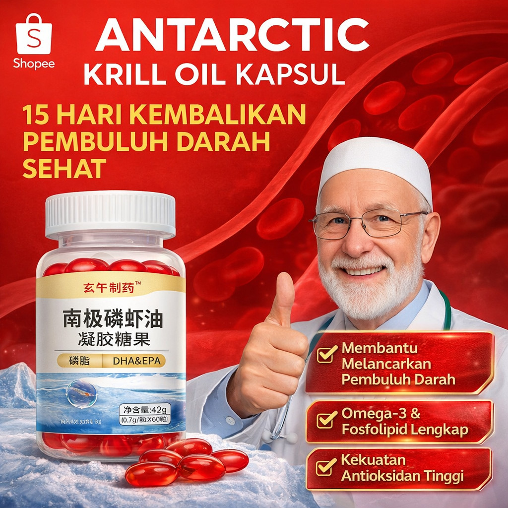 Krill Oil Astaxanthin Super Konsentrat Upgrade 1000mg – 60 kapsul softgel, Omega-3 EPA/DHA tinggi + 