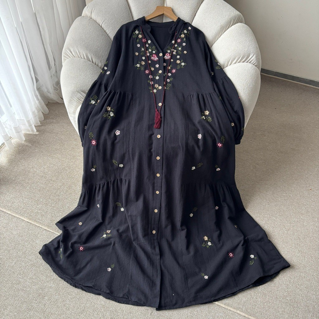 TIARA Gamis Linen Bordir Flowers Full Kancing Elegan - Gamis Lengan Balon