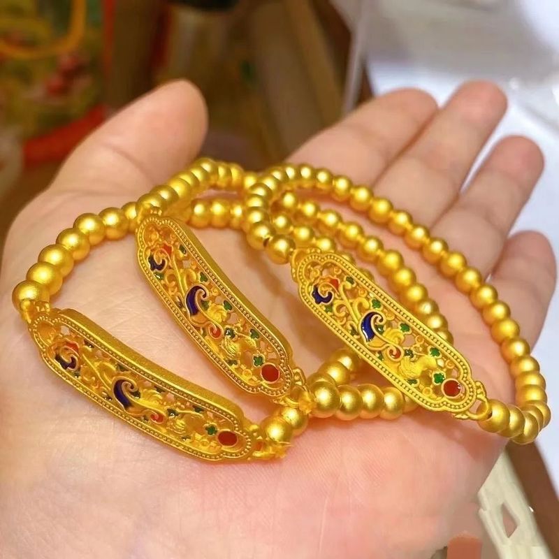 [Mempesona]Gelang emas dengan manik-manik keberuntungan emas, desain naga dan phoenix imitasi.